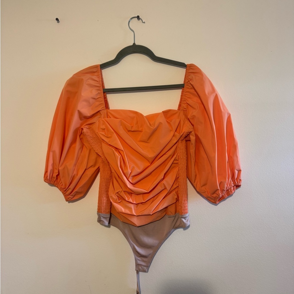 Amanda Uprichard Lucrezia Orange Nectarine Balloon Sleeve Bodysuit — Size M